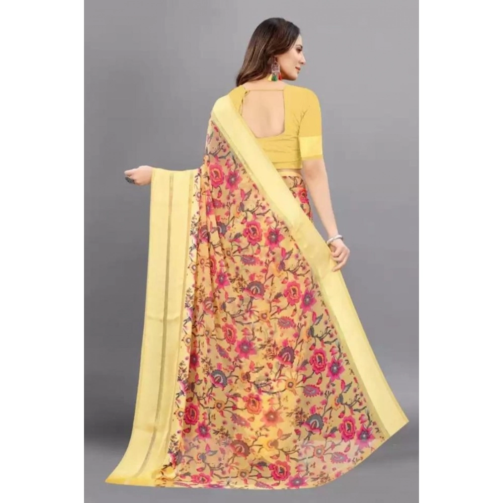 Generic Women's Satin Patta Printed Saree With Unstitched Blouse (Yellow) - Image 2