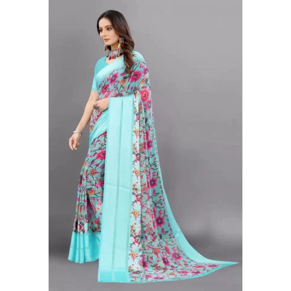 Generic Women's Satin Patta Printed Saree With Unstitched Blouse (Skyblue) - Image 2