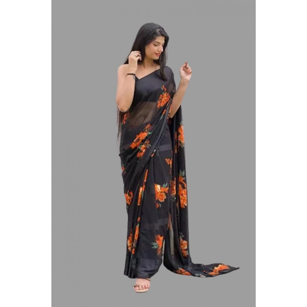 Generic Women's Satin Patta Printed Saree With Unstitched Blouse (Orange) - Image 3