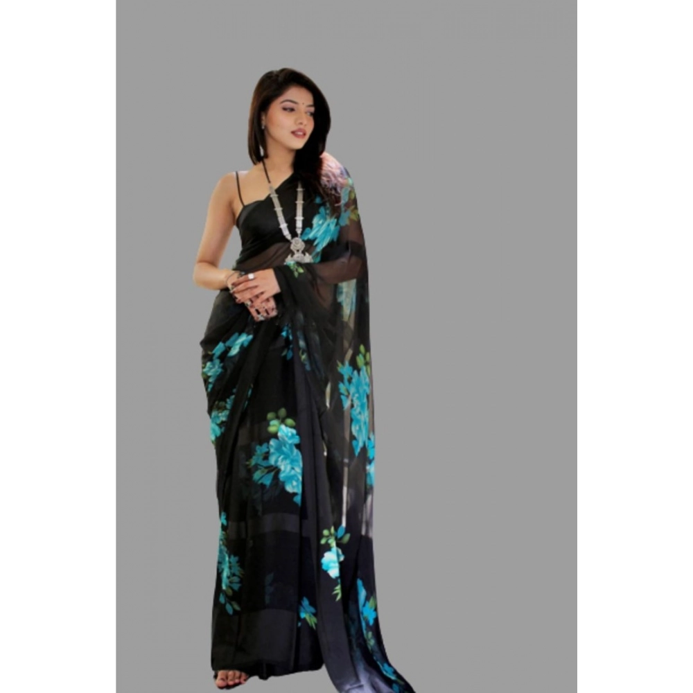 Generic Women's Satin Patta Printed Saree With Unstitched Blouse (Blue) - Image 4