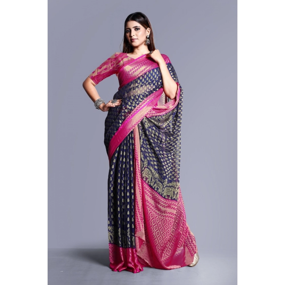 Generic Women's Viscose Rayon Printed Saree With Unstitched Blouse (Navy Blue) - Image 4
