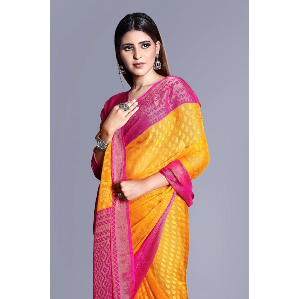 Generic Women's Viscose Rayon Printed Saree With Unstitched Blouse (Yellow) - Image 2