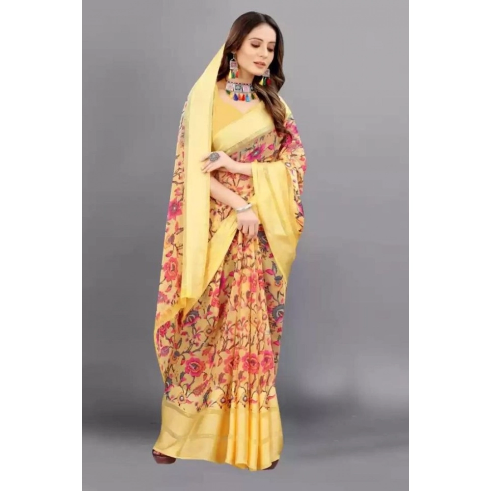 Generic Women's Satin Patta Printed Saree With Unstitched Blouse (Yellow) - Image 3