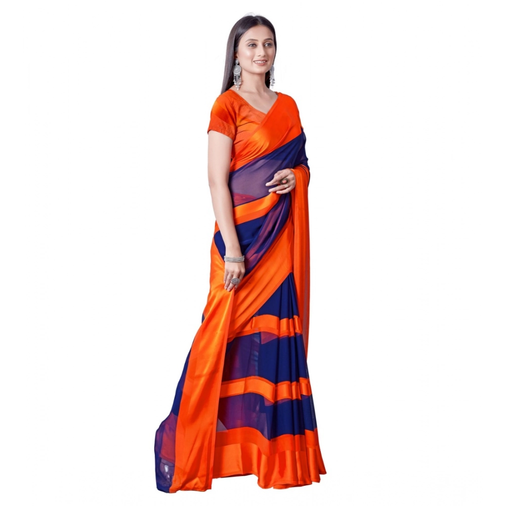Generic Women's Satin Patta Printed Saree With Unstitched Blouse (Orange) - Image 2