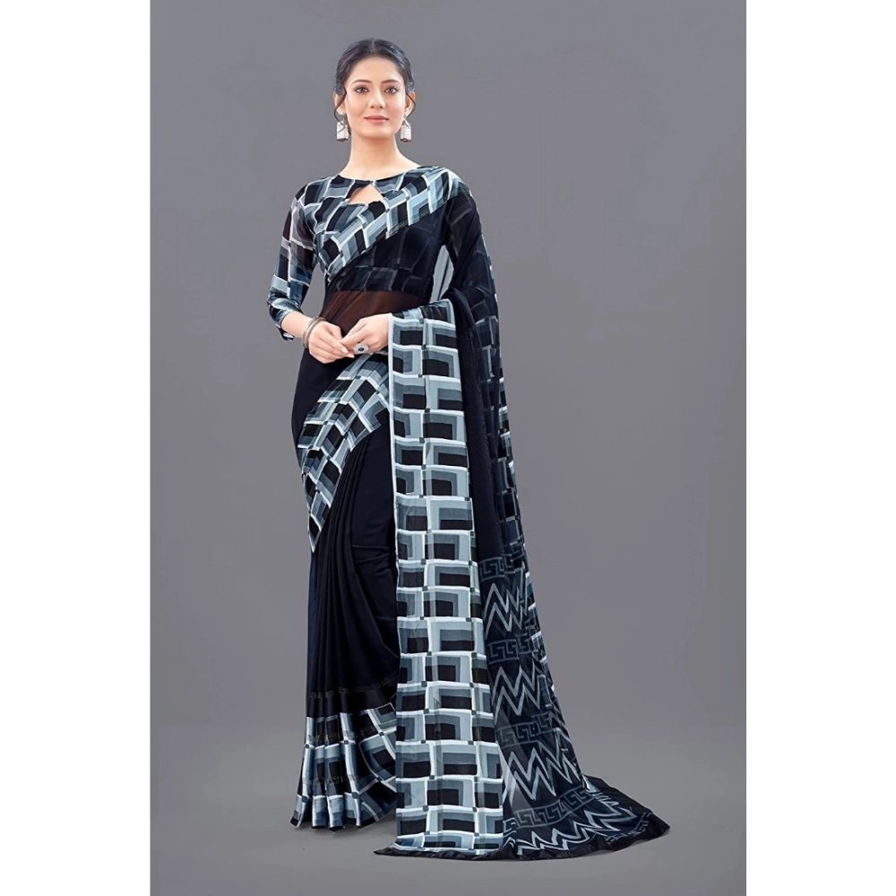 Generic Women's Satin Patta Printed Saree With Unstitched Blouse (Black) - Image 2