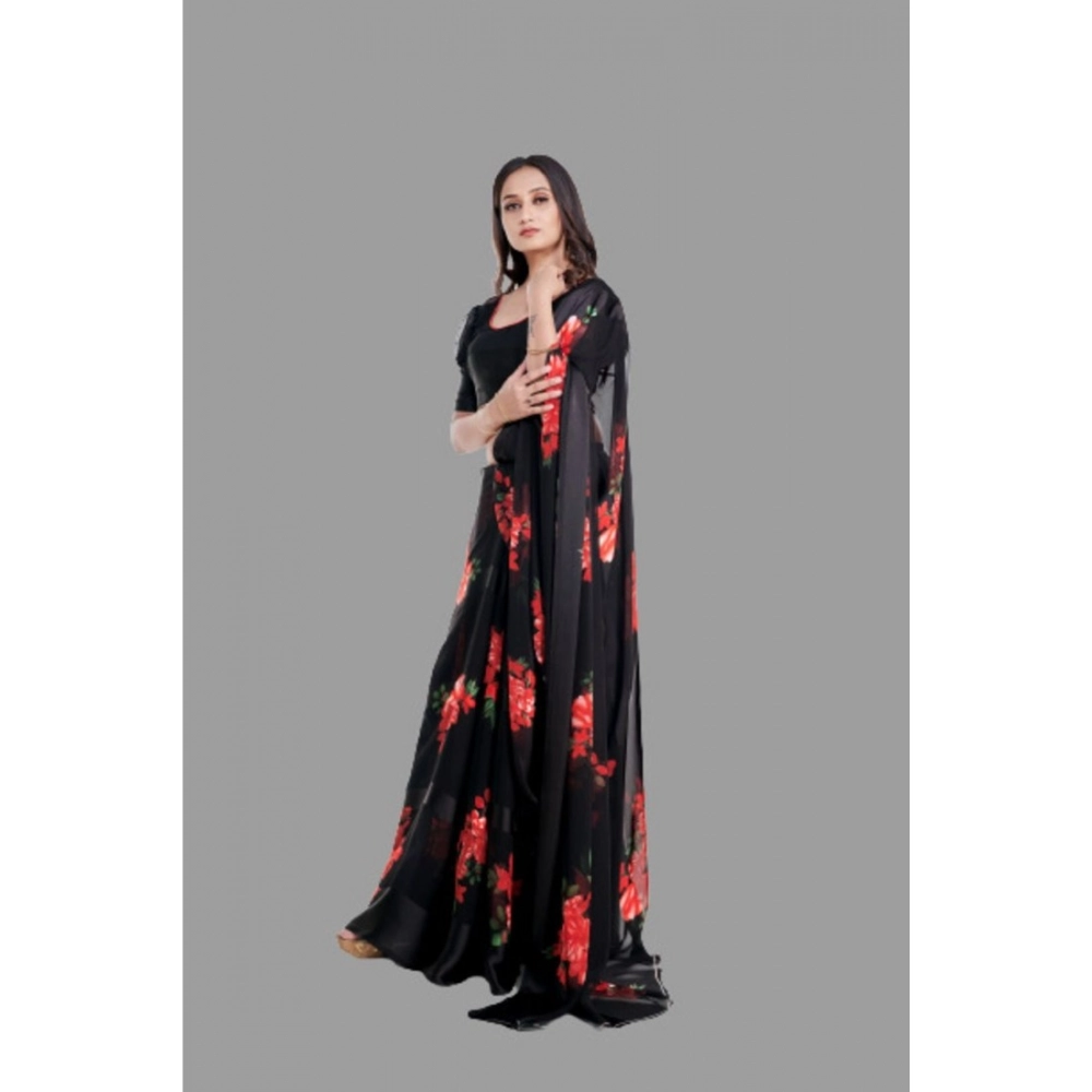 Generic Women's Satin Patta Printed Saree With Unstitched Blouse (Red) - Image 3