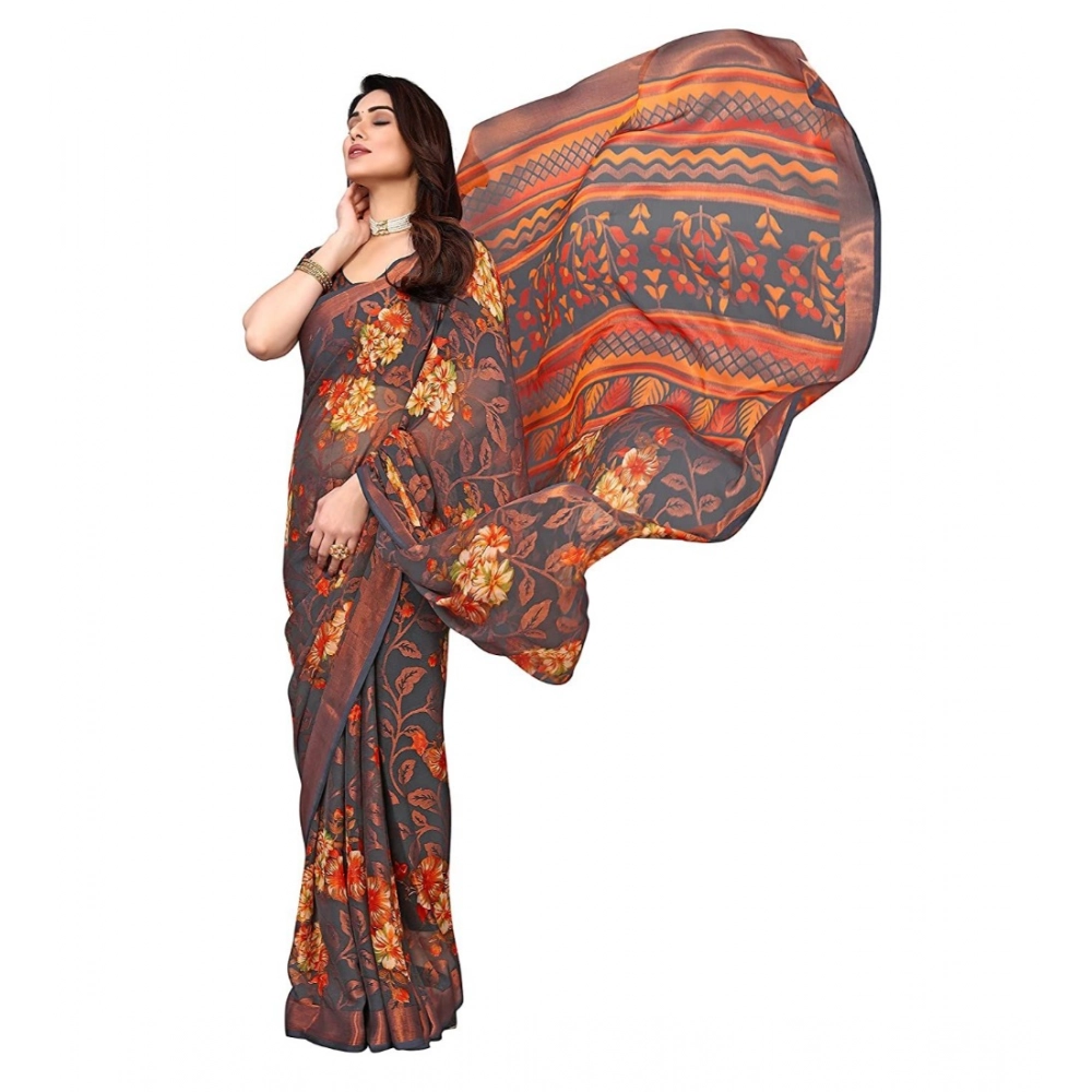 Generic Women's Viscose Rayon Printed Saree With Unstitched Blouse (Grey) - Image 3