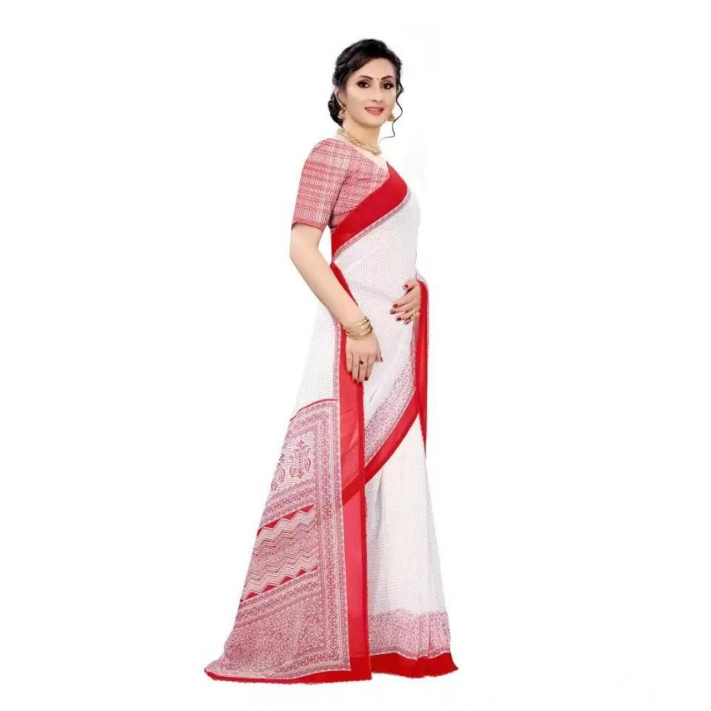 Generic Women's Georgette Printed Saree With Unstitched Blouse (Red) - Image 4