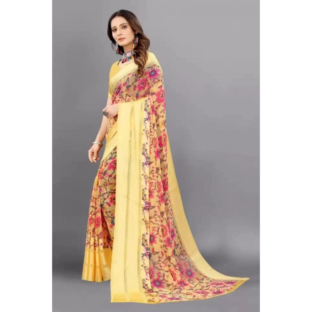 Generic Women's Satin Patta Printed Saree With Unstitched Blouse (Yellow) - Image 5
