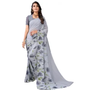 Generic Women's Georgette Printed Saree With Unstitched Blouse (Grey)