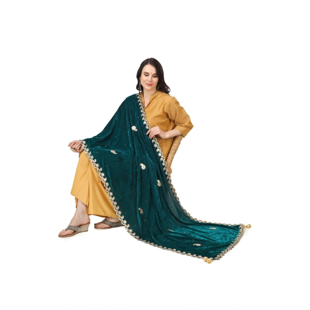 Generic Women's Velvet Gotta Patti Dupatta (Dark Green, Length: 2.25 to 2.50 Mtr) - Image 2