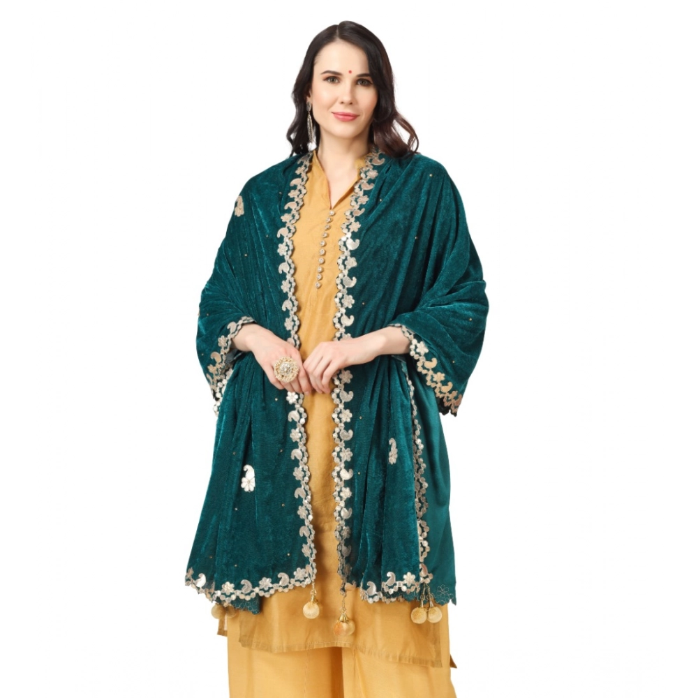 Generic Women's Velvet Gotta Patti Dupatta (Dark Green, Length: 2.25 to 2.50 Mtr) - Image 3