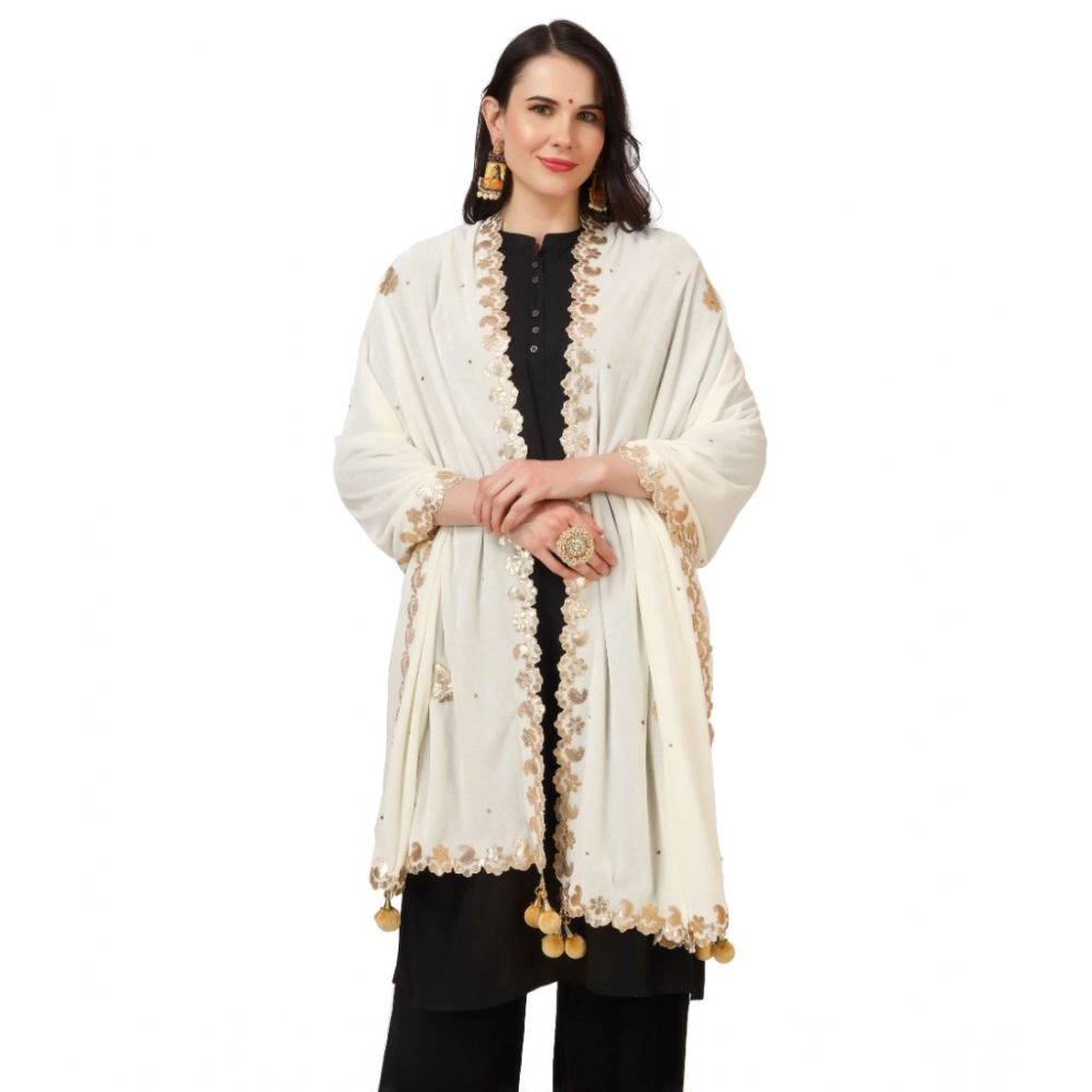 Generic Women's Velvet Gotta Patti Dupatta (Off White, Length: 2.25 to 2.50 Mtr) - Image 3