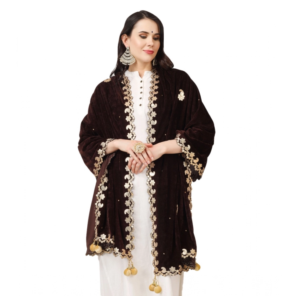 Generic Women's Velvet Gotta Patti Dupatta (Brown, Length: 2.25 to 2.50 Mtr) - Image 3