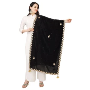 Generic Women's Velvet Gotta Patti Dupatta (Black, Length: 2.25 to 2.50 Mtr)