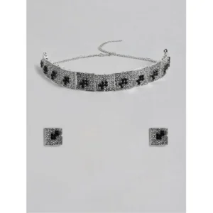 Generic Women's Rose Gold Plated Alloy Necklace & Earings Set (Silver & Black)