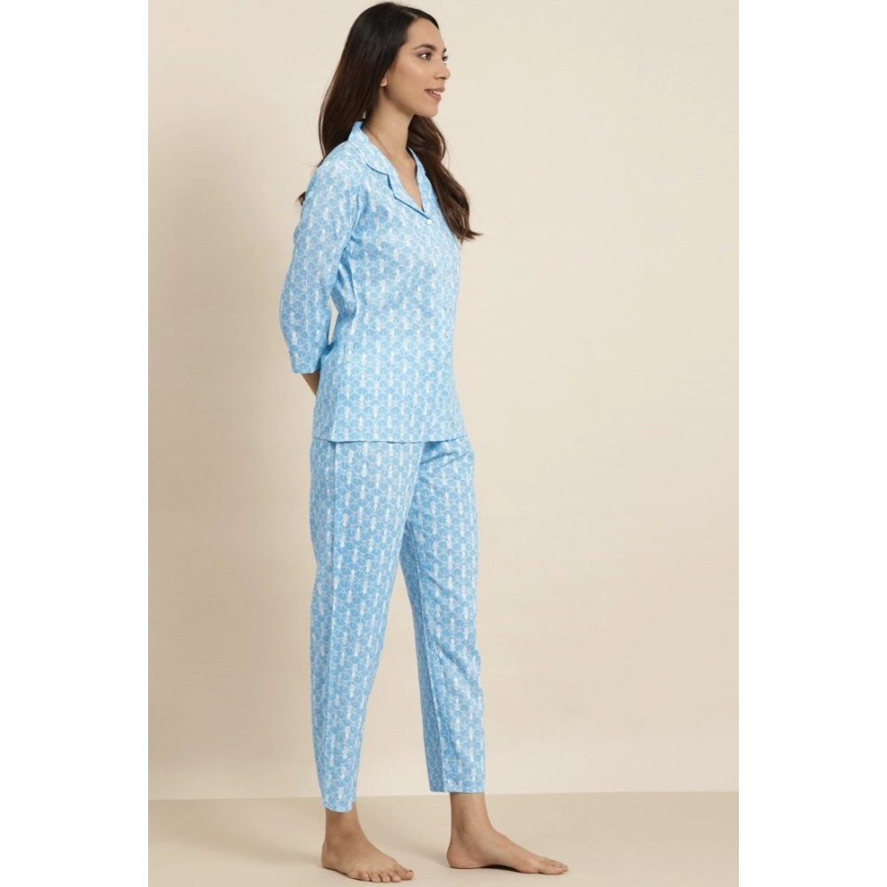 Generic Women's Casual 3/4 th Sleeve Floral Printed Rayon Shirt With Pyjama Pant Night Suit Set (Blue) - Image 3