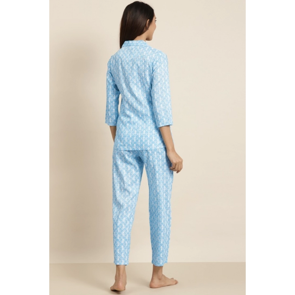 Generic Women's Casual 3/4 th Sleeve Floral Printed Rayon Shirt With Pyjama Pant Night Suit Set (Blue) - Image 2