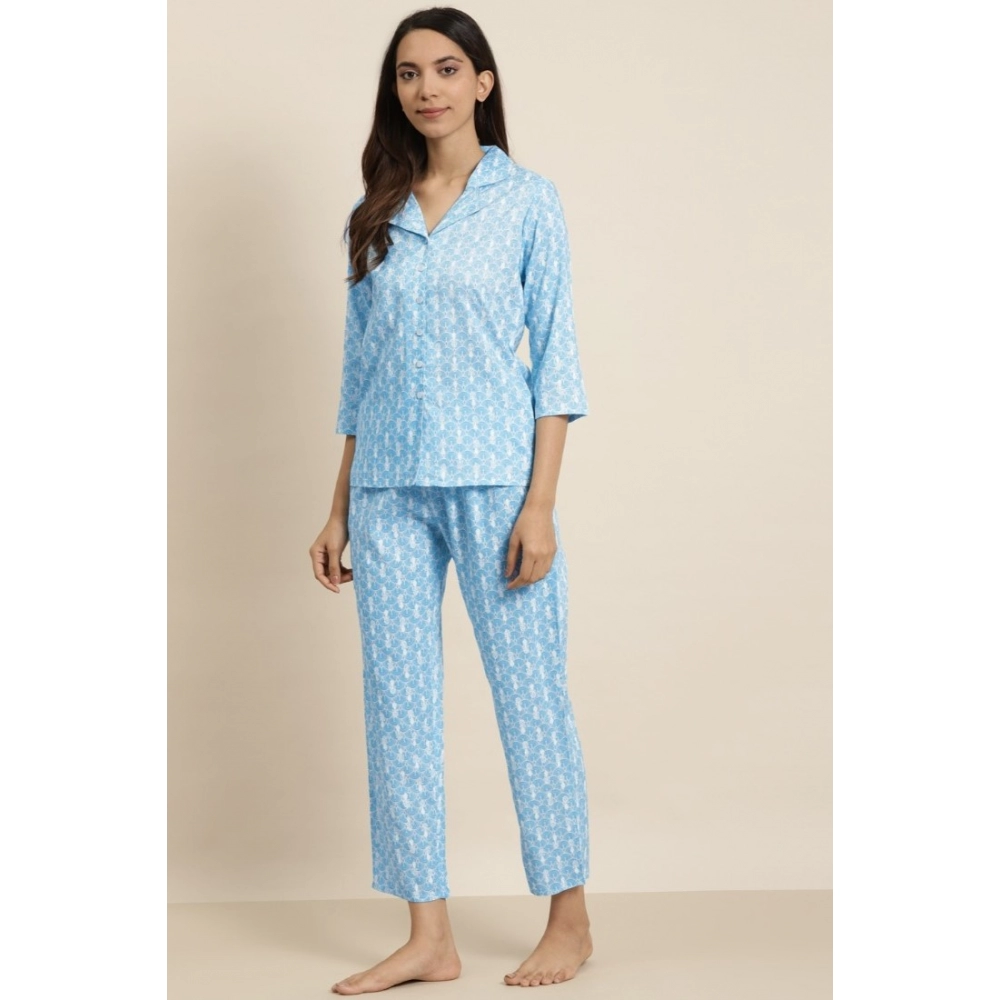 Generic Women's Casual 3/4 th Sleeve Floral Printed Rayon Shirt With Pyjama Pant Night Suit Set (Blue) - Image 5