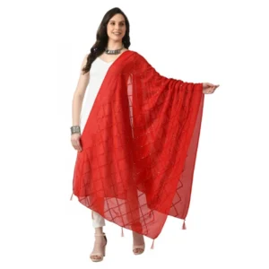Generic Women's Chanderi Self Design Dupatta (Red, Length: Free Size)