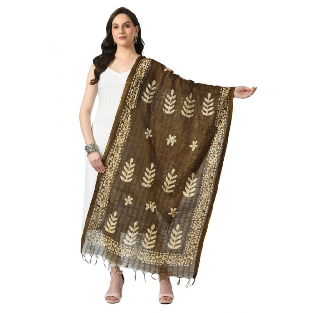 Generic Women's Cotton Printed Dupatta (Mehandi, Length: Free Size)