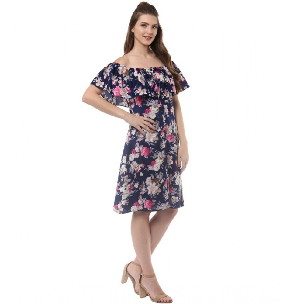 Generic Women's Polyester Crepe Floral Half Sleeve Above Knee Dress (Navy Blue) - Image 4