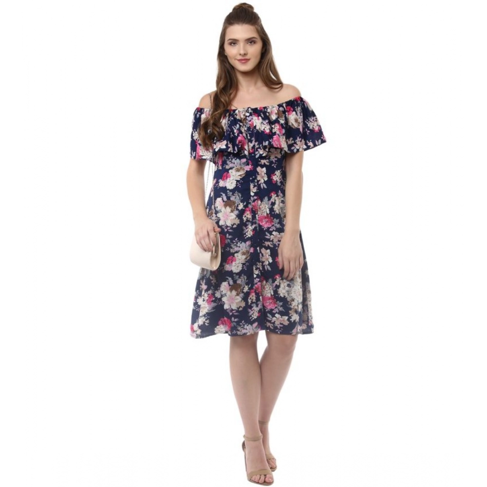 Generic Women's Polyester Crepe Floral Half Sleeve Above Knee Dress (Navy Blue) - Image 6