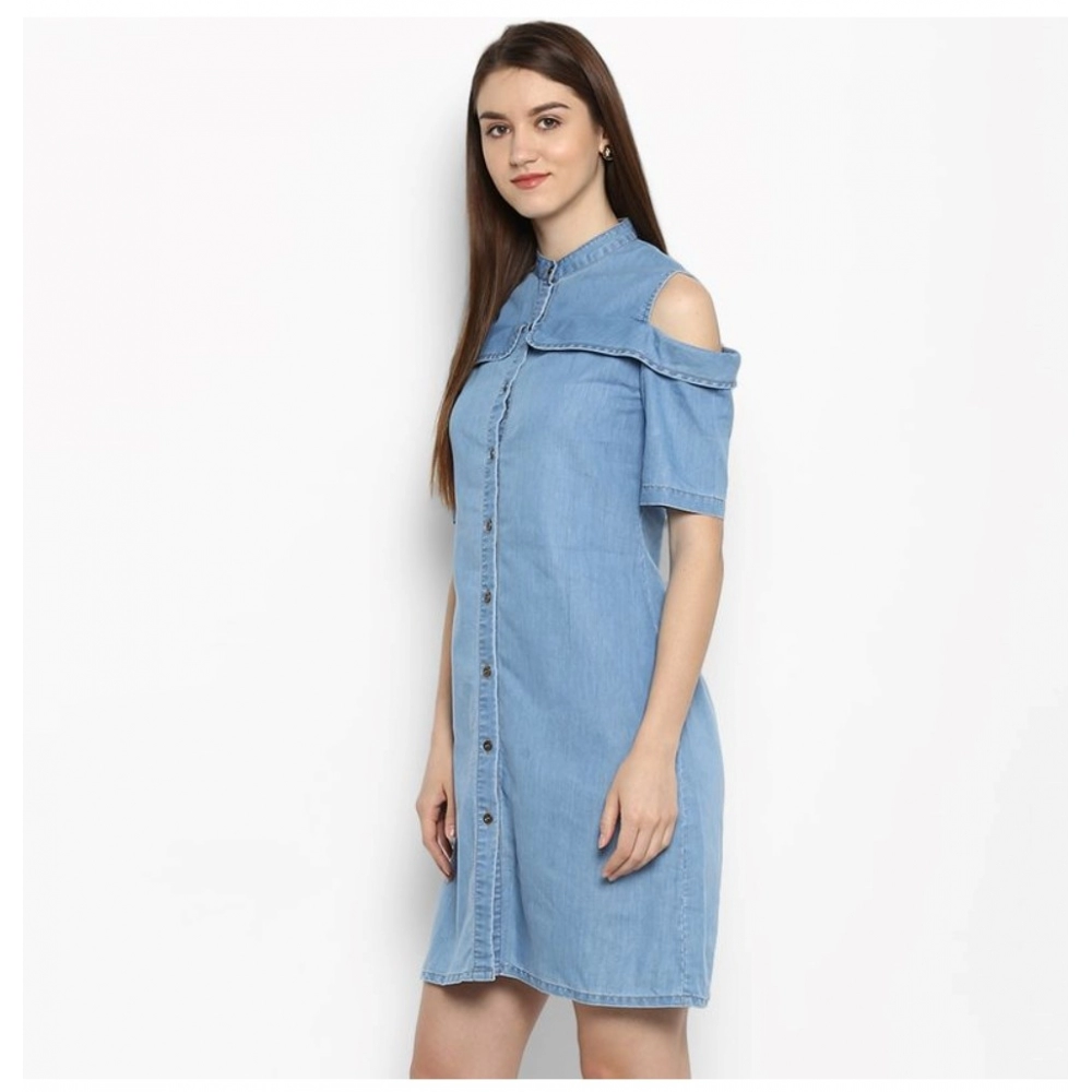 Generic Women's Denim Solid Cold Shoulder Above Knee Dress (Blue) - Image 3