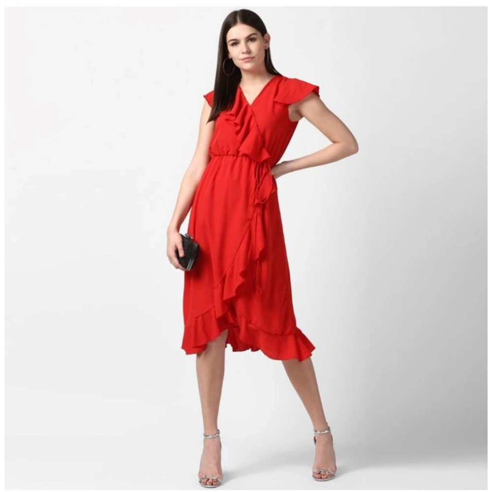 Generic Women's Polyester Ruffled Cap Sleeve Knee-Length Dress (Red) - Image 5