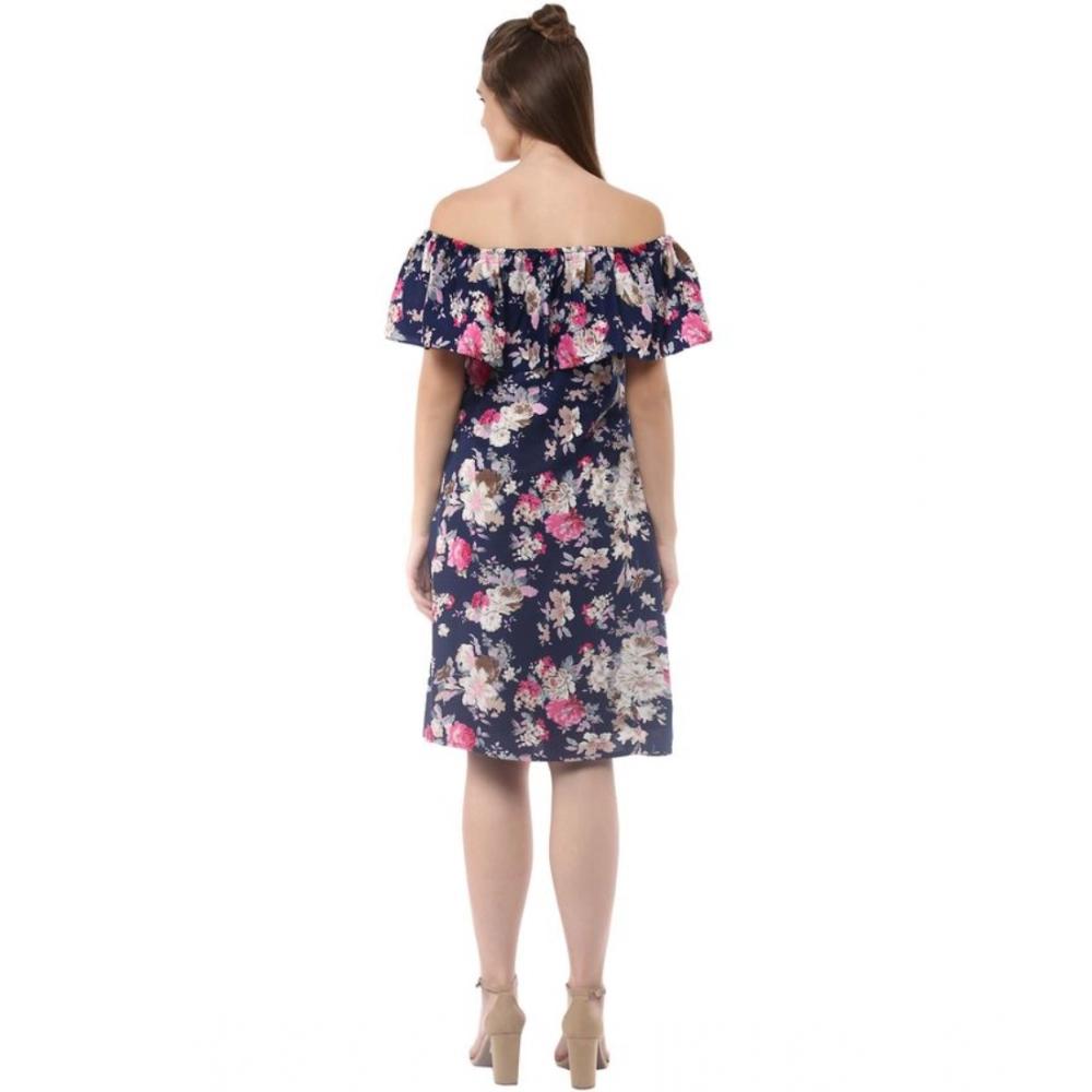 Generic Women's Polyester Crepe Floral Half Sleeve Above Knee Dress (Navy Blue) - Image 7