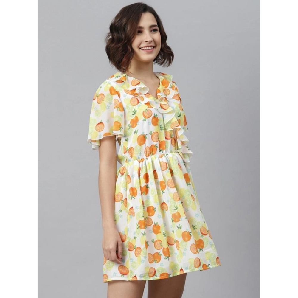 Generic Women's Polyester Printed Flutter Above Knee Dress (Yellow - Orange) - Image 3