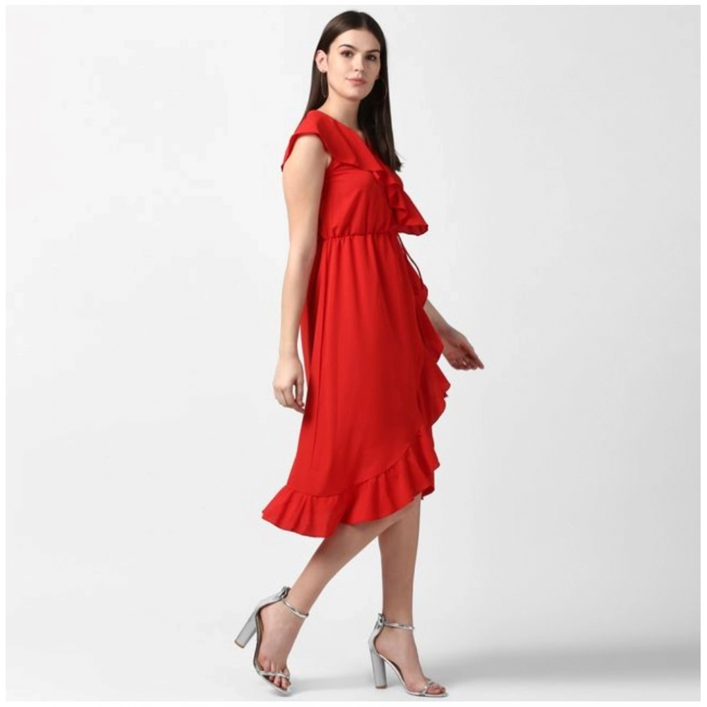 Generic Women's Polyester Ruffled Cap Sleeve Knee-Length Dress (Red) - Image 3