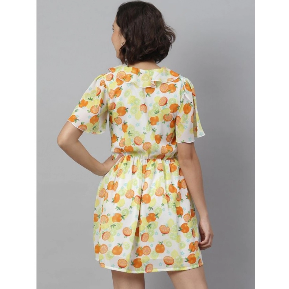 Generic Women's Polyester Printed Flutter Above Knee Dress (Yellow - Orange) - Image 6