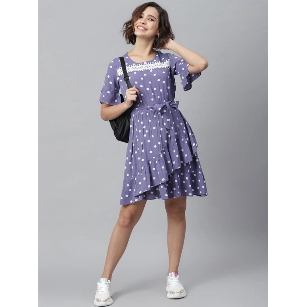 Generic Women's Polyester Polka Bell Sleeve Above Knee Dress (Lavender) - Image 5