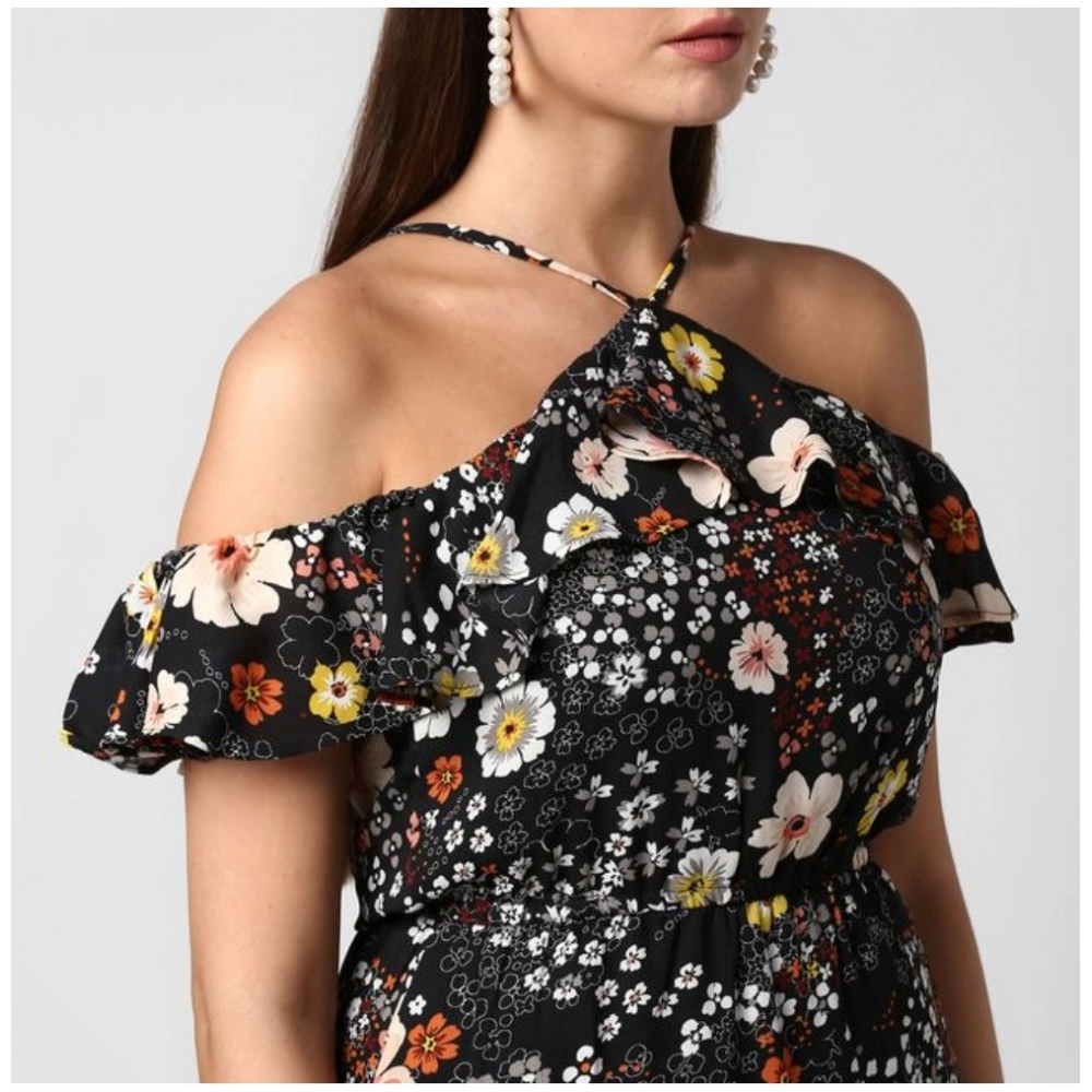 Generic Women's Polyester Floral Cold Shoulder Above Knee Dress (Black) - Image 2