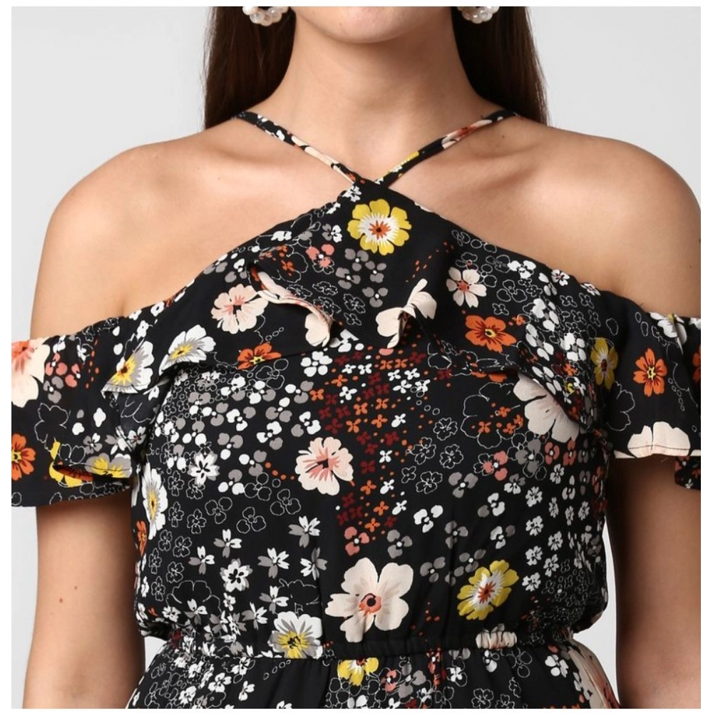 Generic Women's Polyester Floral Cold Shoulder Above Knee Dress (Black) - Image 3