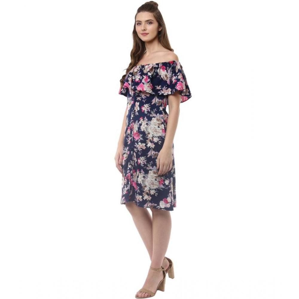 Generic Women's Polyester Crepe Floral Half Sleeve Above Knee Dress (Navy Blue) - Image 3