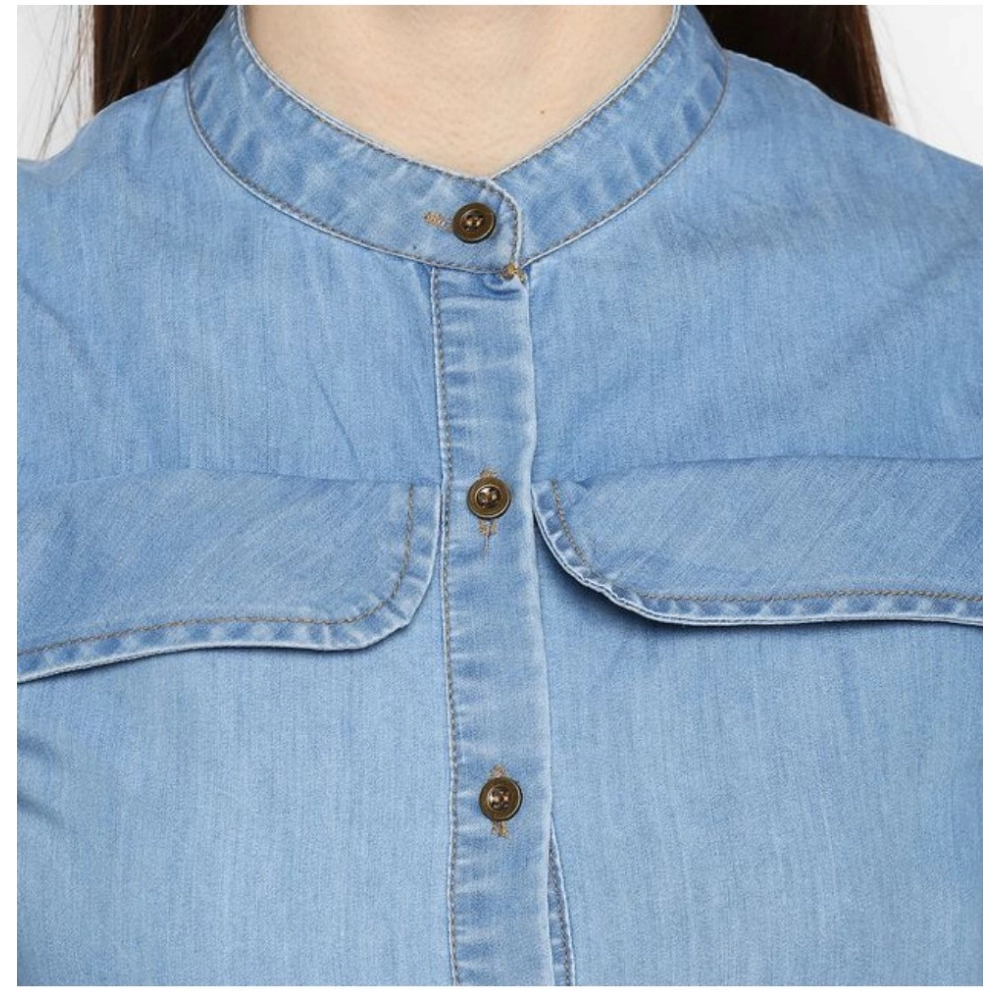 Generic Women's Denim Solid Cold Shoulder Above Knee Dress (Blue) - Image 2