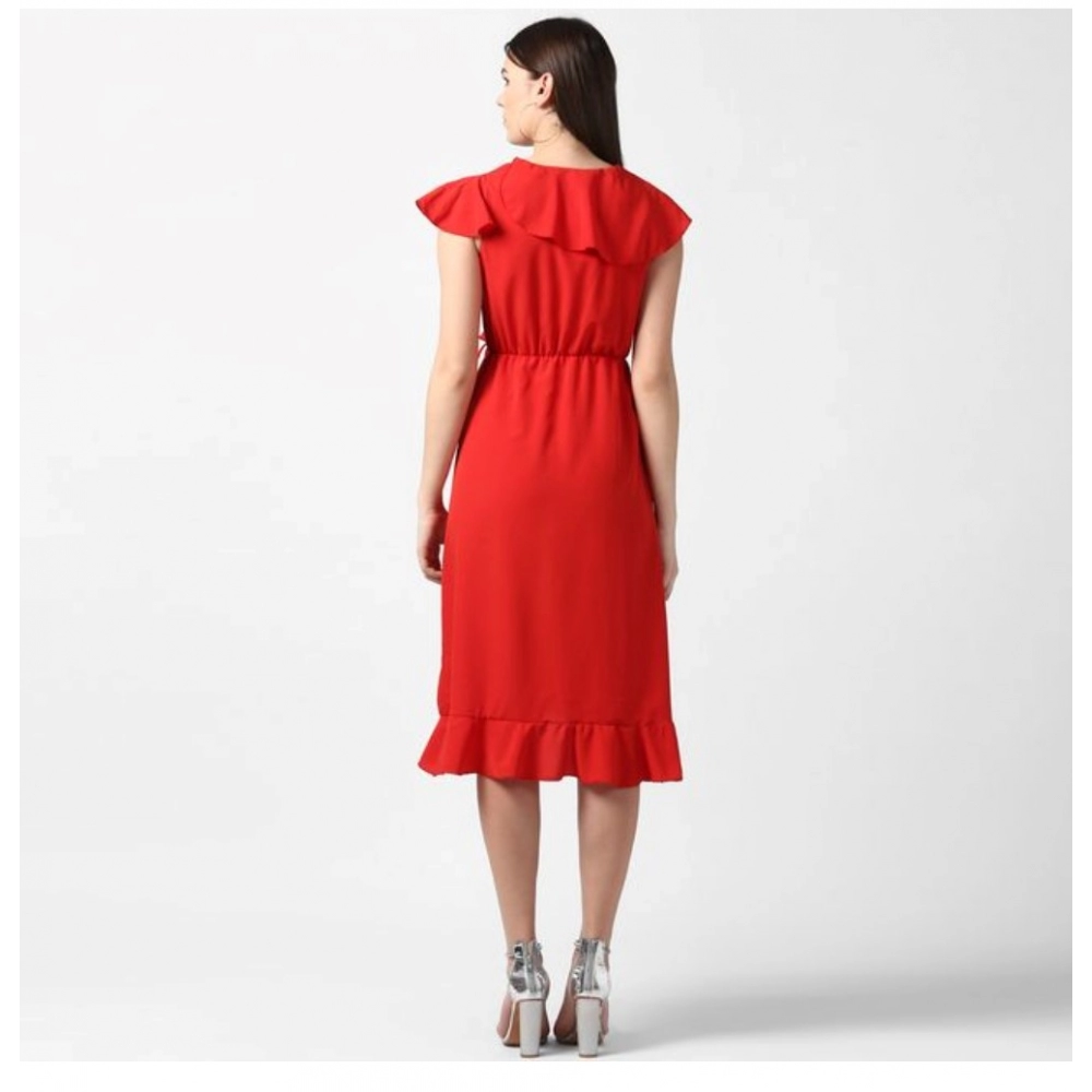 Generic Women's Polyester Ruffled Cap Sleeve Knee-Length Dress (Red) - Image 6