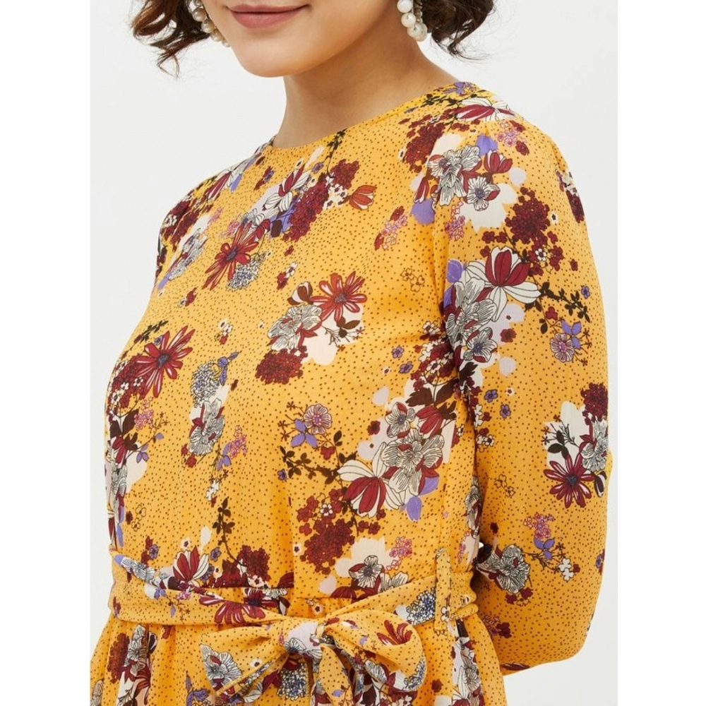 Generic Women's Polyester Floral Long Sleeves Calf-length Dress (Multicolor) - Image 2
