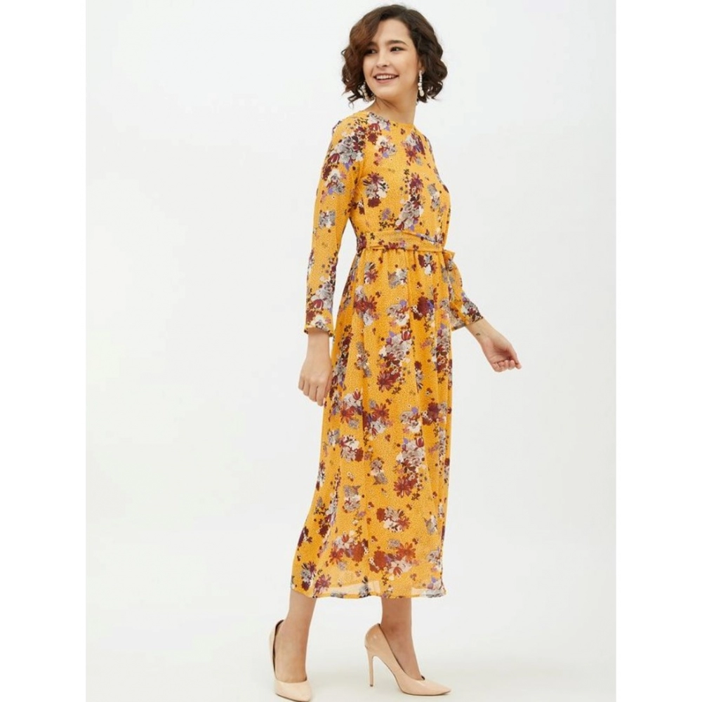 Generic Women's Polyester Floral Long Sleeves Calf-length Dress (Multicolor) - Image 4