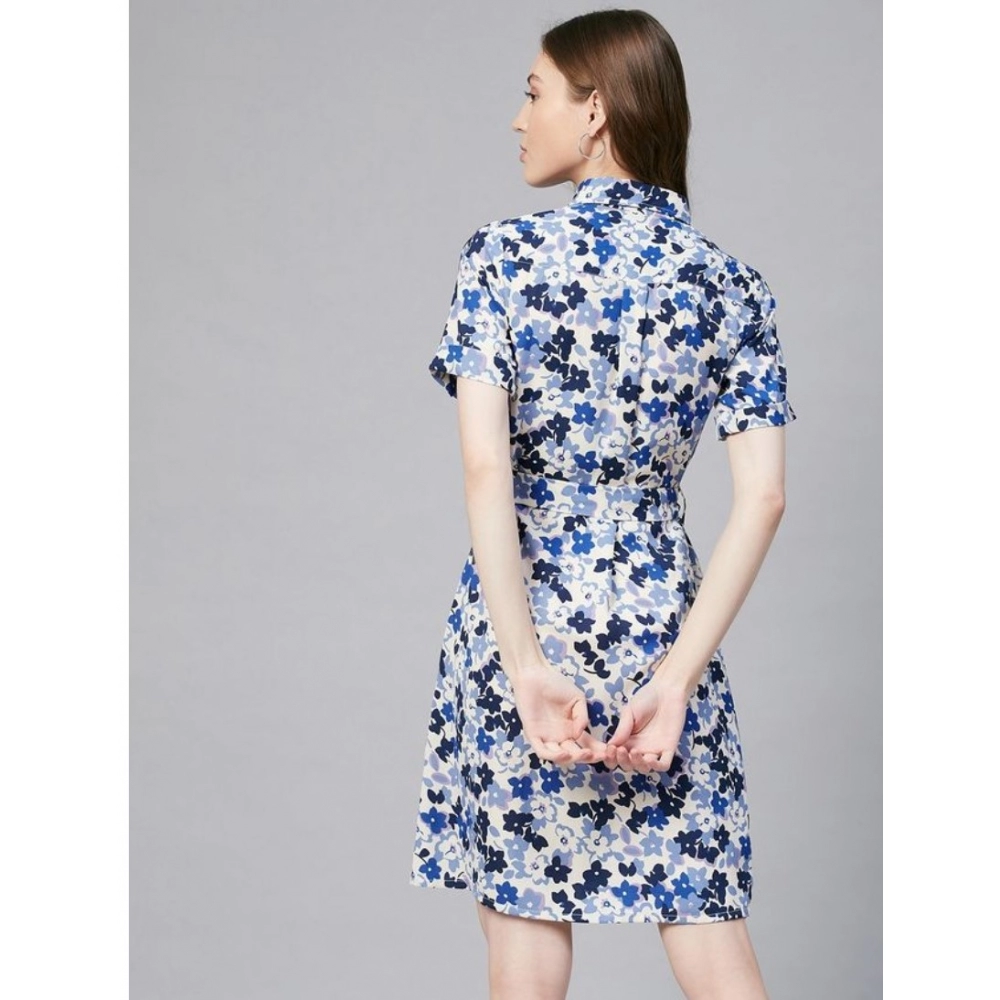 Generic Women's Polyester Floral Short Sleeve Above Knee Dress (Blue - White) - Image 7