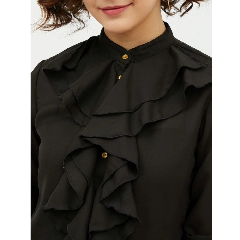 Generic Women's Polyester Ruffled Long Sleeves Standard Length Shirt (Black) - Image 2