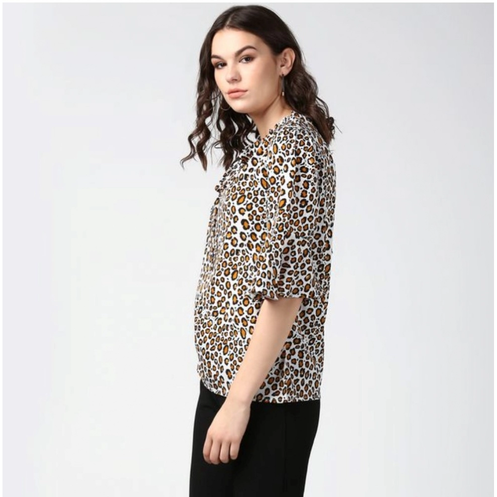 Generic Women's Polyester Animal Print Bell Sleeve Top (Orange - Black) - Image 3