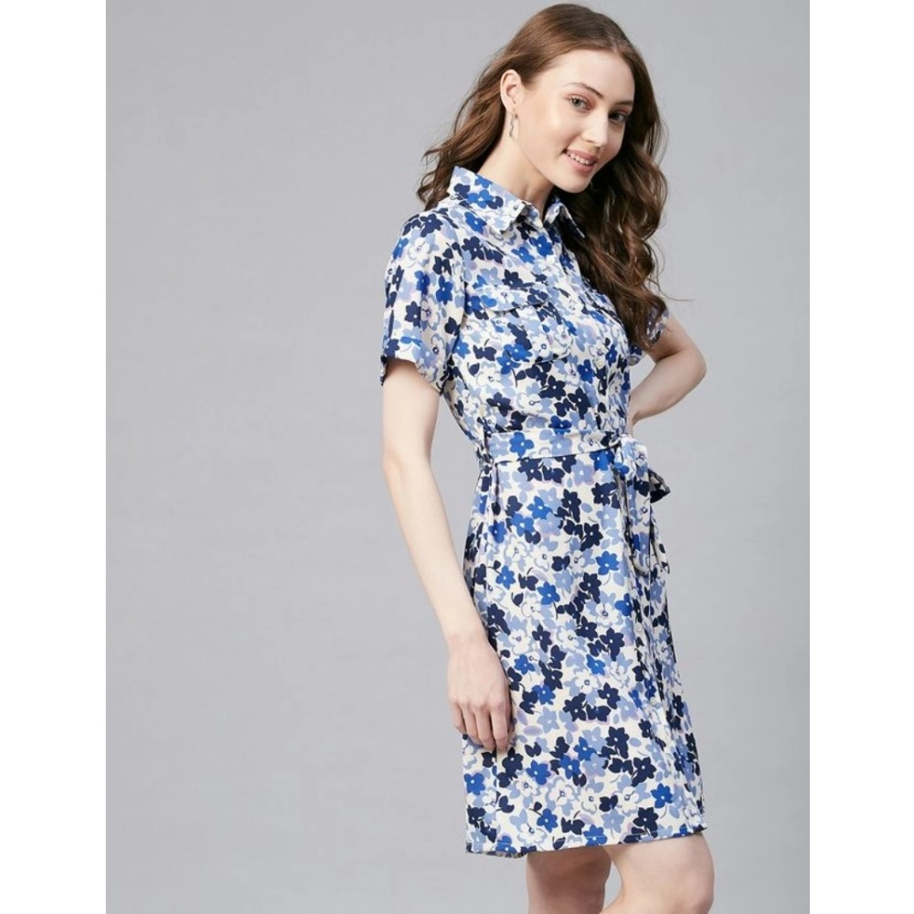 Generic Women's Polyester Floral Short Sleeve Above Knee Dress (Blue - White) - Image 3