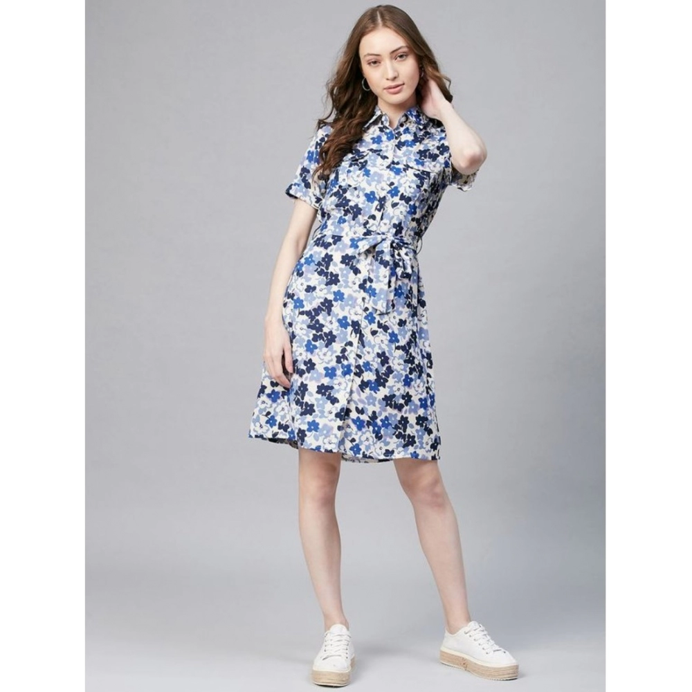Generic Women's Polyester Floral Short Sleeve Above Knee Dress (Blue - White) - Image 6