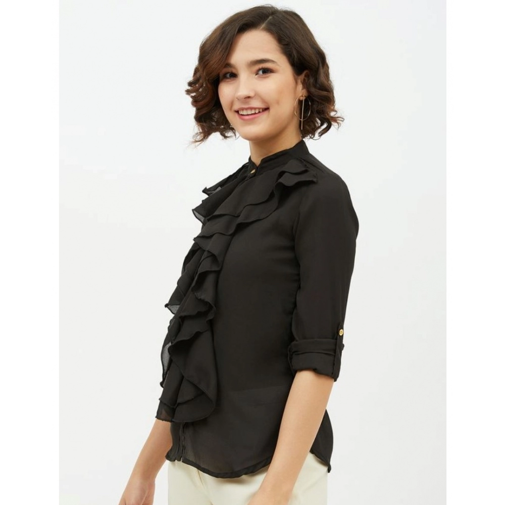 Generic Women's Polyester Ruffled Long Sleeves Standard Length Shirt (Black) - Image 3