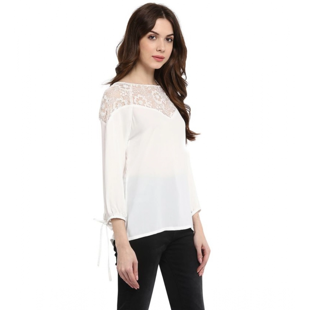 Generic Women's Polyester Georgette Self Design 3-4th Sleeves Regular Top (White) - Image 5