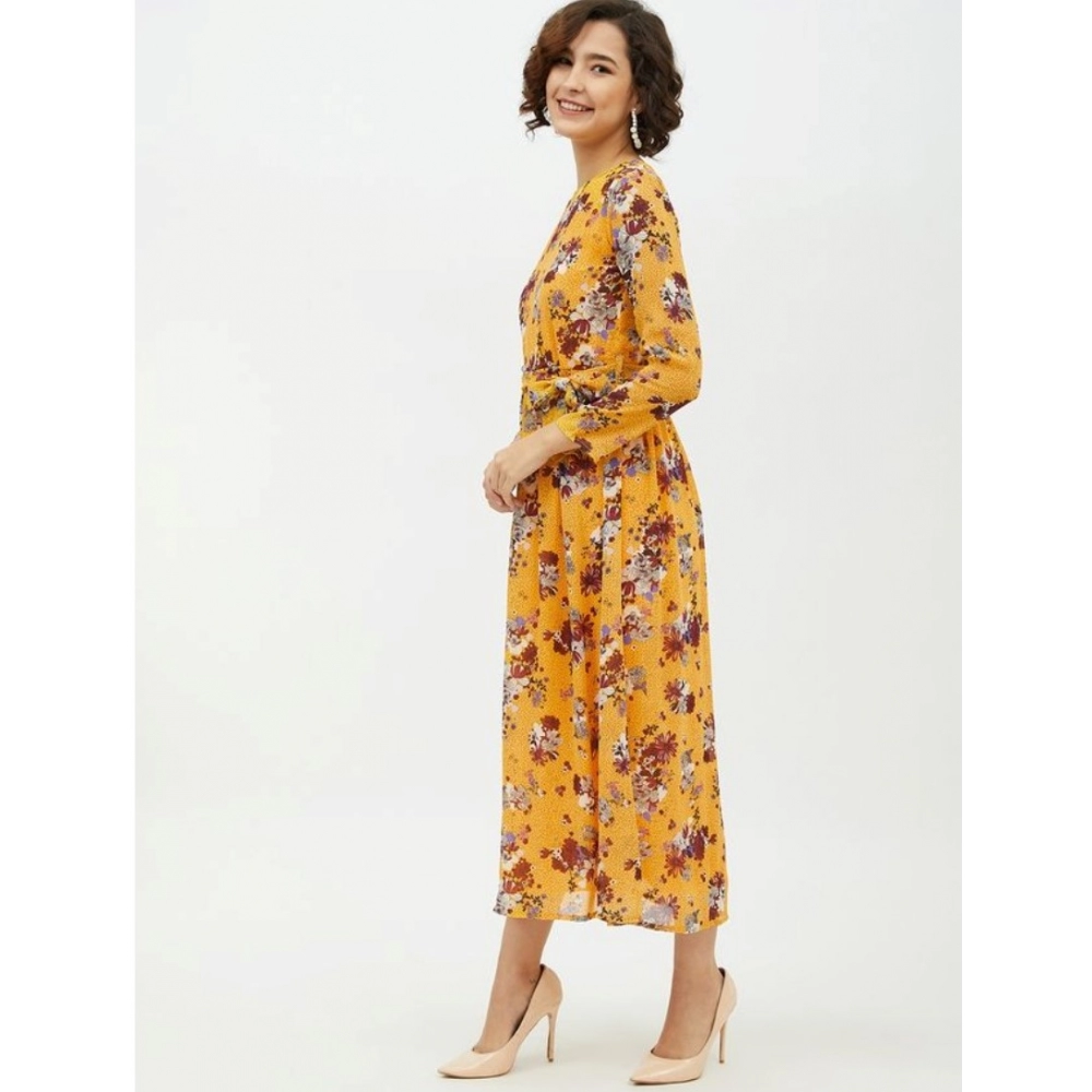 Generic Women's Polyester Floral Long Sleeves Calf-length Dress (Multicolor) - Image 3