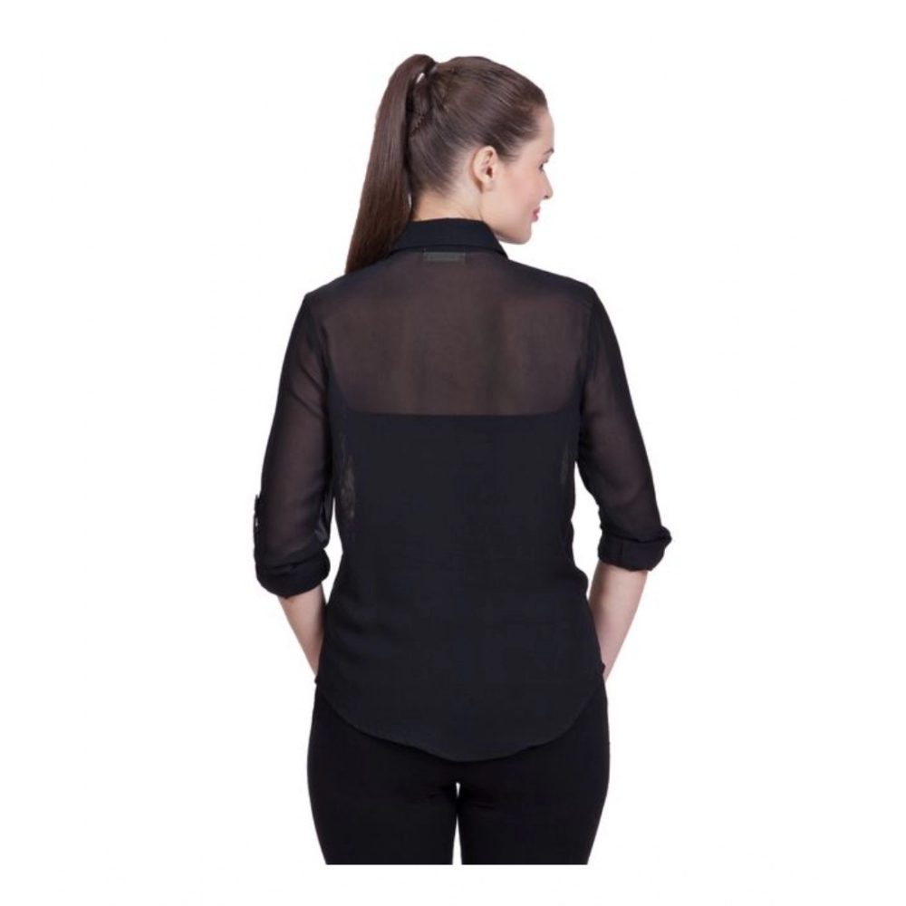 Generic Women's Polyester Printed Roll Up Sleeve Standard Length Shirt (Black) - Image 3